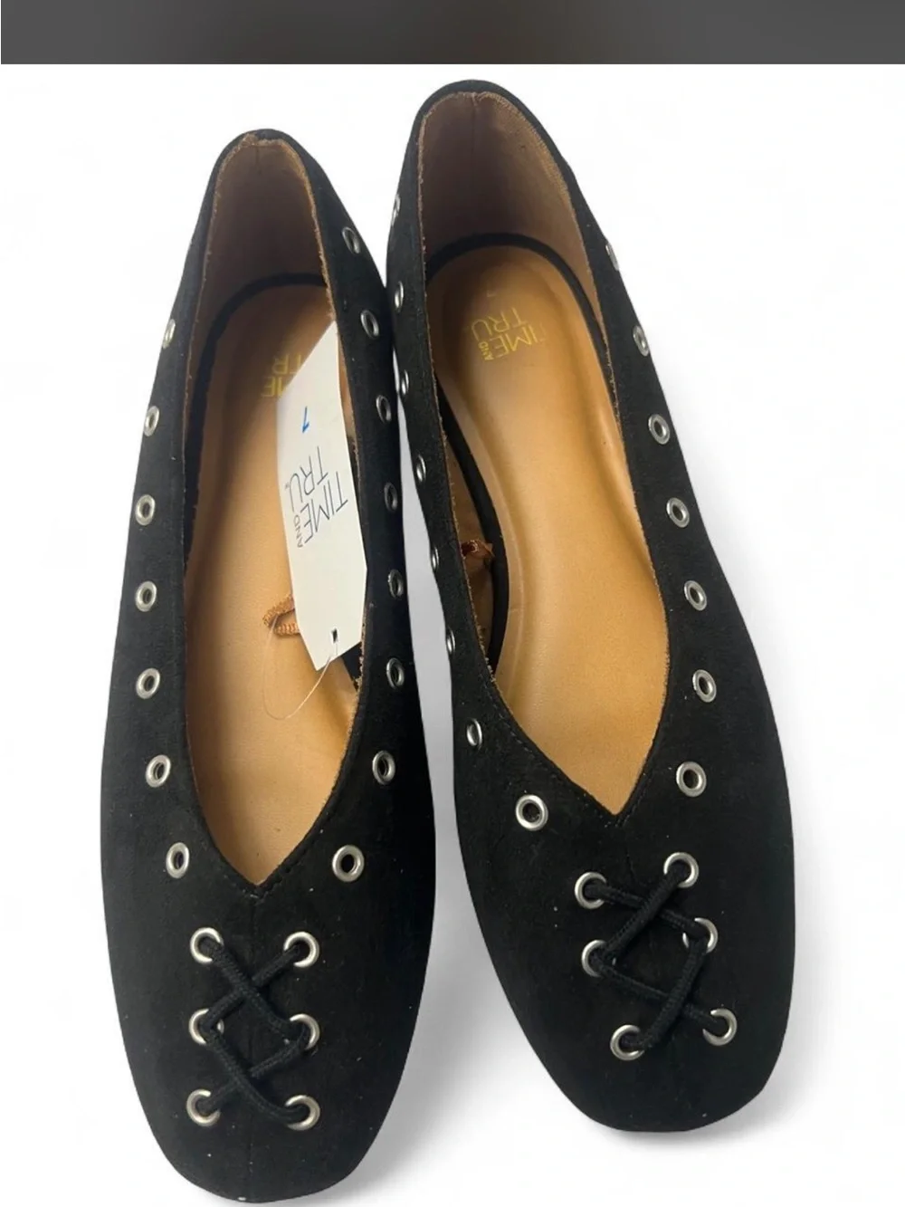 Time and Tru Black Eyelet Lace-Up Ballet Flats with Grommet Detail